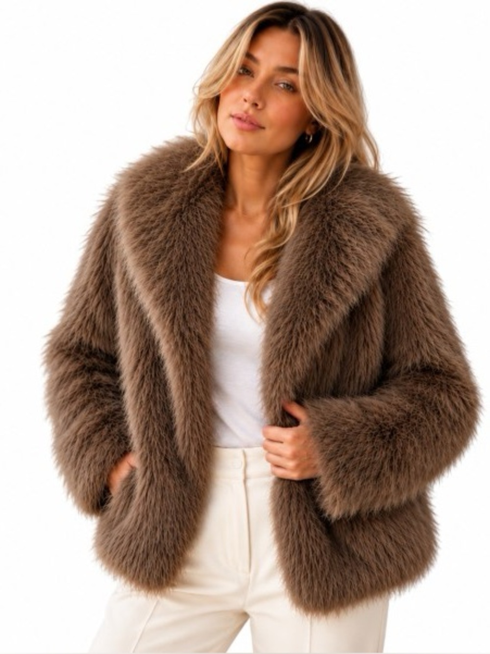 Badgley Mischka shawl faux fur collar western puffer zip pocket jacket coat